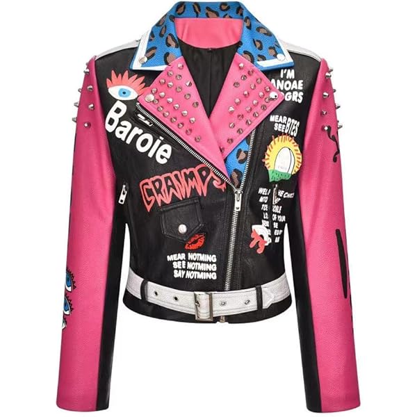 Alloaone Women Slim Fit Slim Coat Short Leather Jacket Graffiti