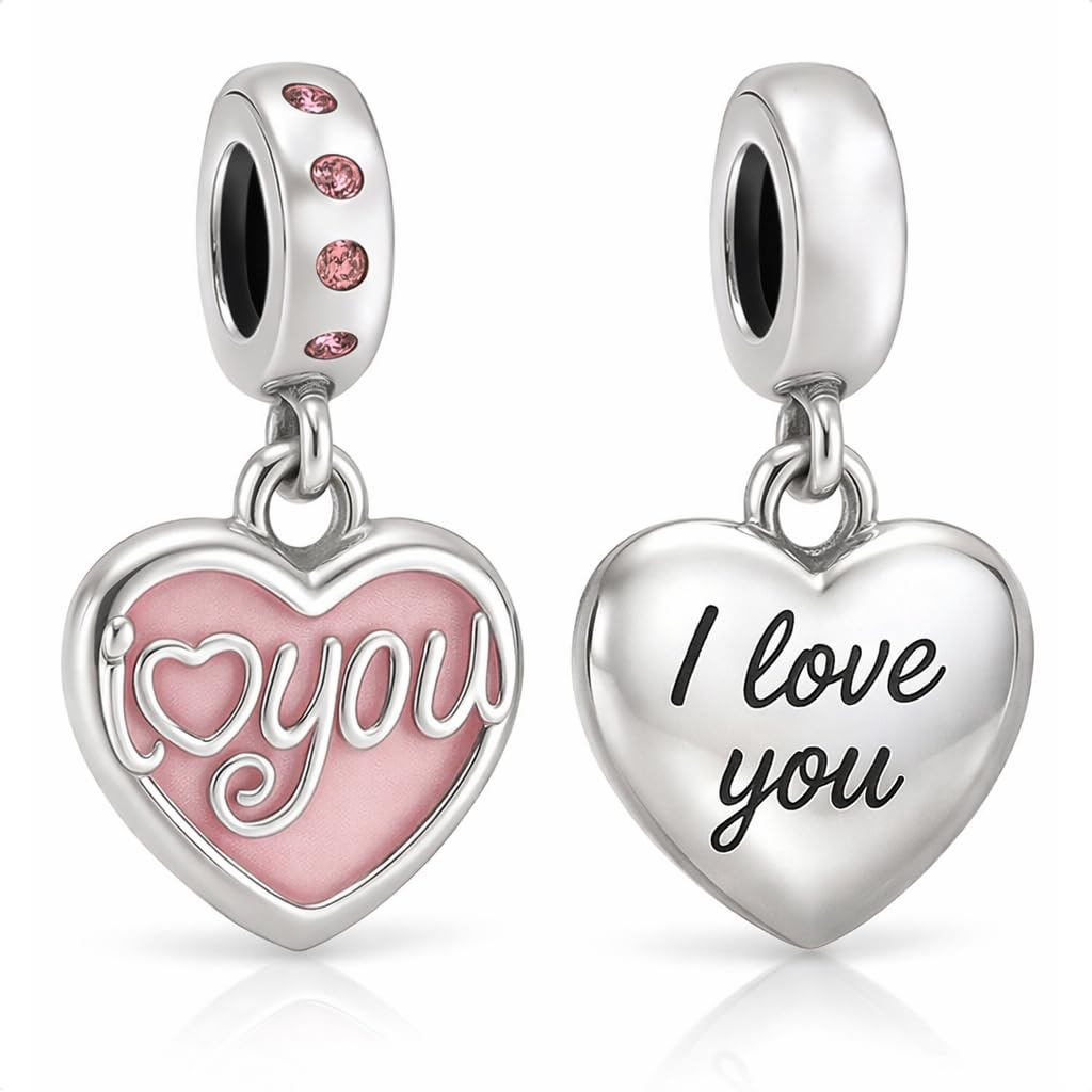 I Love You Heart Pendant Charm for Pandora Moments Bracelet & Necklace 925 Sterling Silver Sparkling Pink Crystals Women Her Girls - Happy Birthday Gift Box