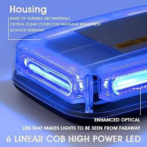 WOWTOU Blue LED Lightbar Emergency Hazard Warning Light, 18W 6 Linear LED, Rooftop Magnetic Mount, 8 Patterns including Flashing/Strobe/Rotating Modes, IP65 Waterproof for Volunteer Firefighter