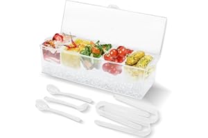 MFBJXC Chilled Condiment Server with 5 Compartments, Bar Condiment Organizer on Ice with Lid, Clear Serving Bar Compartments Box Tray