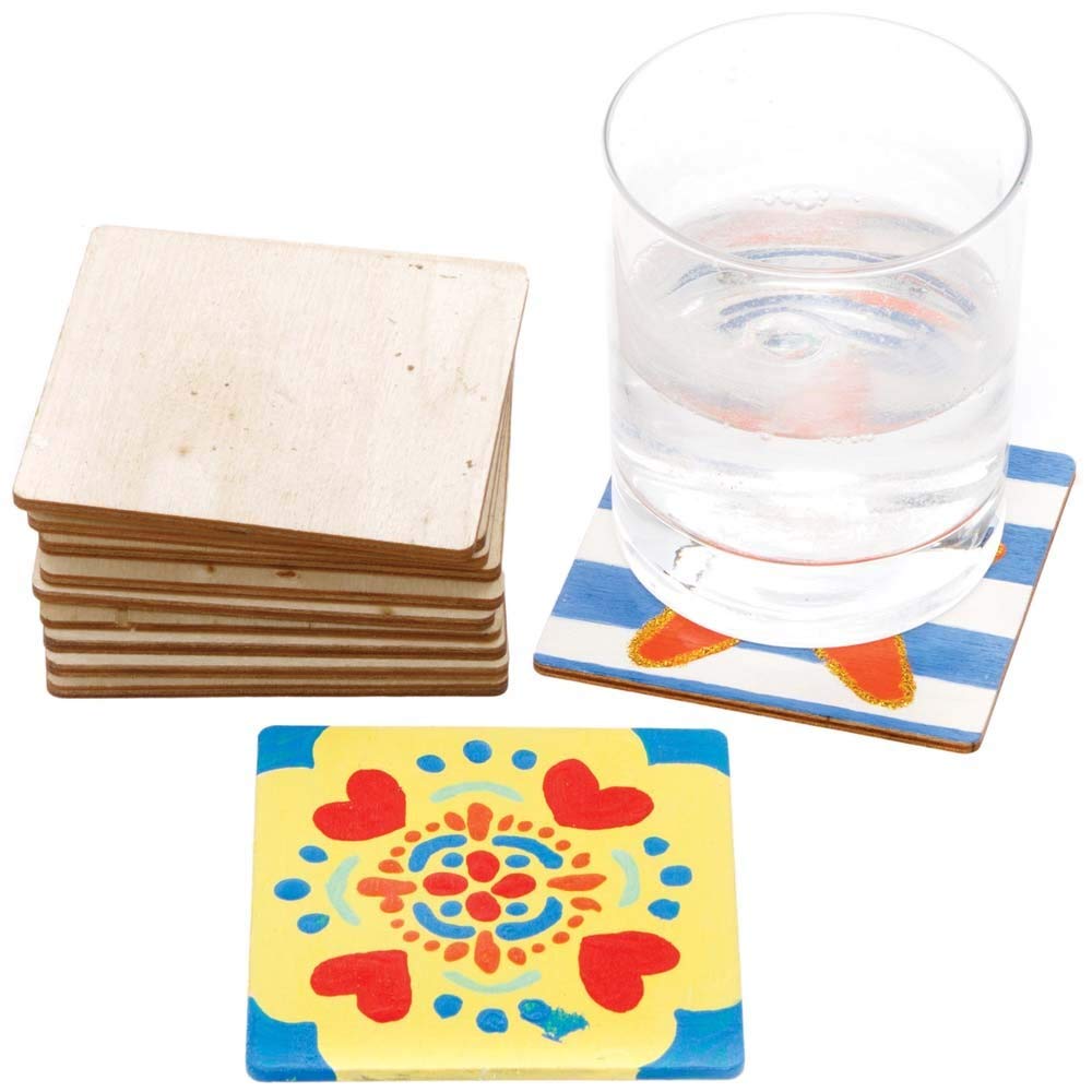 Baker Ross FE526 Square Wooden Coasters - Pack of 10, Paintable Creative Art and Craft Projects for Kids to Make, Personalise and Decorate