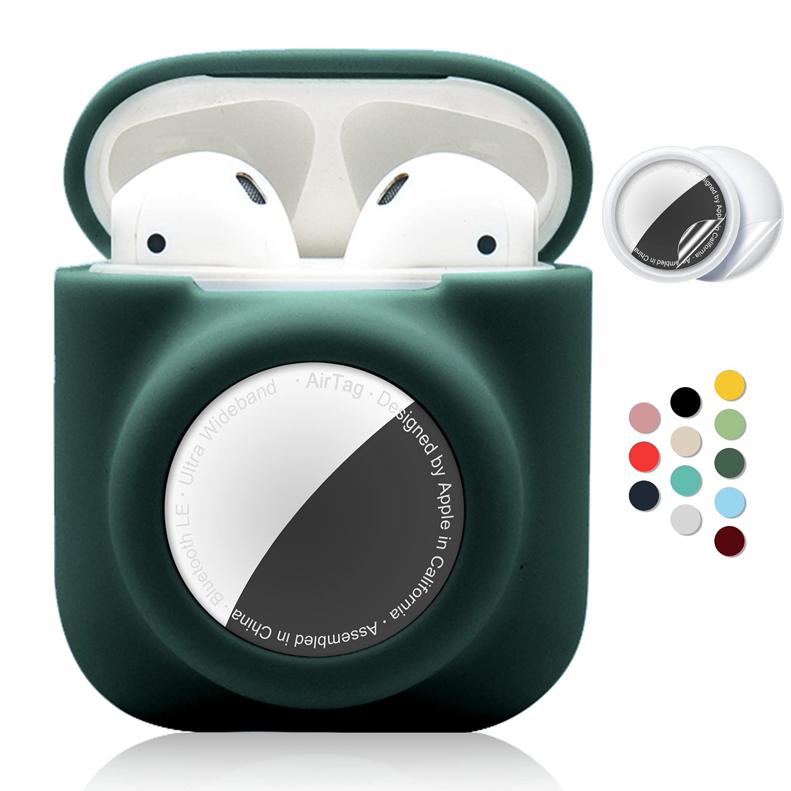 Photo 1 of 2 in 1 Silicone Protective Skin Cover Compatible with AirPod 1&2 and AirTag, Soft Comprehensive Protective Case with 2 PCS TPU Screen Protector, Anti-Scratch Anti-Fall Anti-Lost(BlackishGreen)