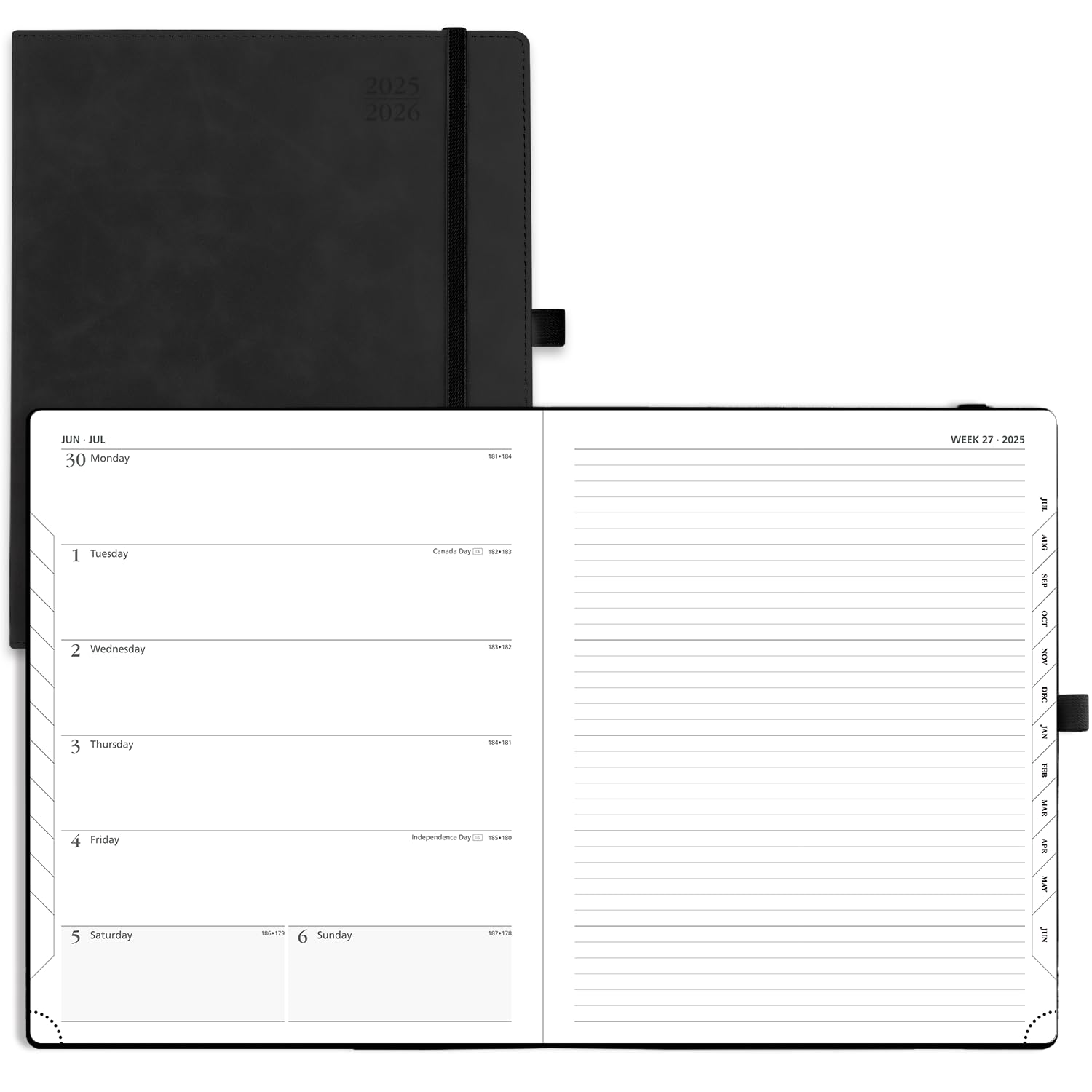 Photo 1 of POPRUN Planner 2025-2026 Weekly Notebook (Large 8.5''x 10.5'') Academic Calendar (JUL.25 - JUN.26) Appointment Book with Monthly Tabs, Leather Soft Cover, Inner Pocket, 100 GSM - Black