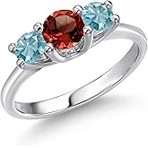 Gem Stone King 14K White Gold Red Garnet & Blue Zircon 3-Stone Engagement Ring | 1.55 Cttw | Round 5MM and 4MM | 3 Stone Wedding Anniversary Promise Ring For Women