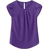 TASAMO Women's Casual Round Neck Basic Pleated Top Cap Sleeve Curved Keyhole Back Chiffon Blouse (Large, Deep Purple)