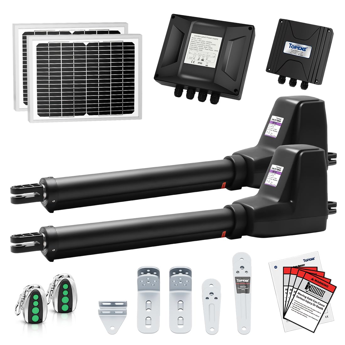 Photo 1 of ***(USED/ UNKNOWN IF MISSING PARTS)***TOPENS AT12132S Solar Dual Swing Gate Opener Heavy Duty Automatic Gate Motor for Double Swing Gates Up to 18ft per Arm, Electric Driveway Gate Operator AC Powered with Solar Panel Remote Control Kit