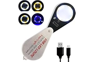 KOPARNEED Rechargeable 30x Jewelers loupe with Light and Four Types of Light, 22mm Triplet Lens Pocket Foldable Eye Loop Magnifier Jewelry Coins Magnifying Glass for Gemstone, Diamond, Stamps, Watches, Plants