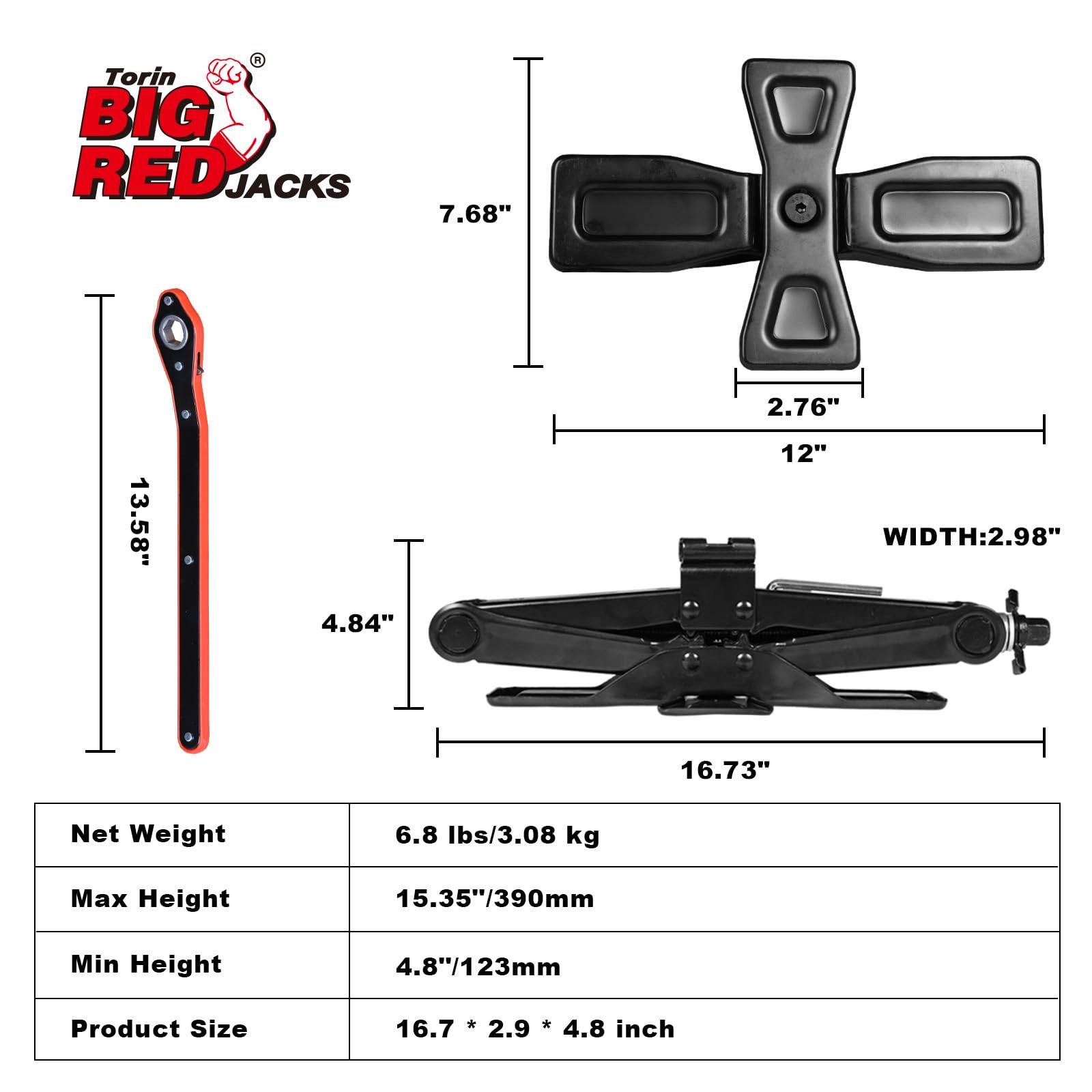 BIG RED AST10202SR Torin Wide Base Cross Car Scissor Jack: Steel Portable Quick Lift Tire Jacks Include Ratchet Wrench for Car, Truck, Sedans and MPV, 1.5 Ton (3,000 lbs) Capacity, Black