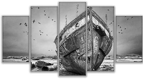Amazon Co Jp Hnyyj ヴィンテージ沈没船難破船上陸5パネルキャンバスプリント壁アート家の装飾 リビングルームの壁紙 ホーム キッチン