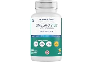 Oceanblue Professional Omega-3 2100 – 180 ct – Triple Strength Burpless Fish Oil Supplement with High-Potency EPA, DHA, DPA and Vitamin D3 – Wild-Caught – Vanilla Flavor (90 Servings)