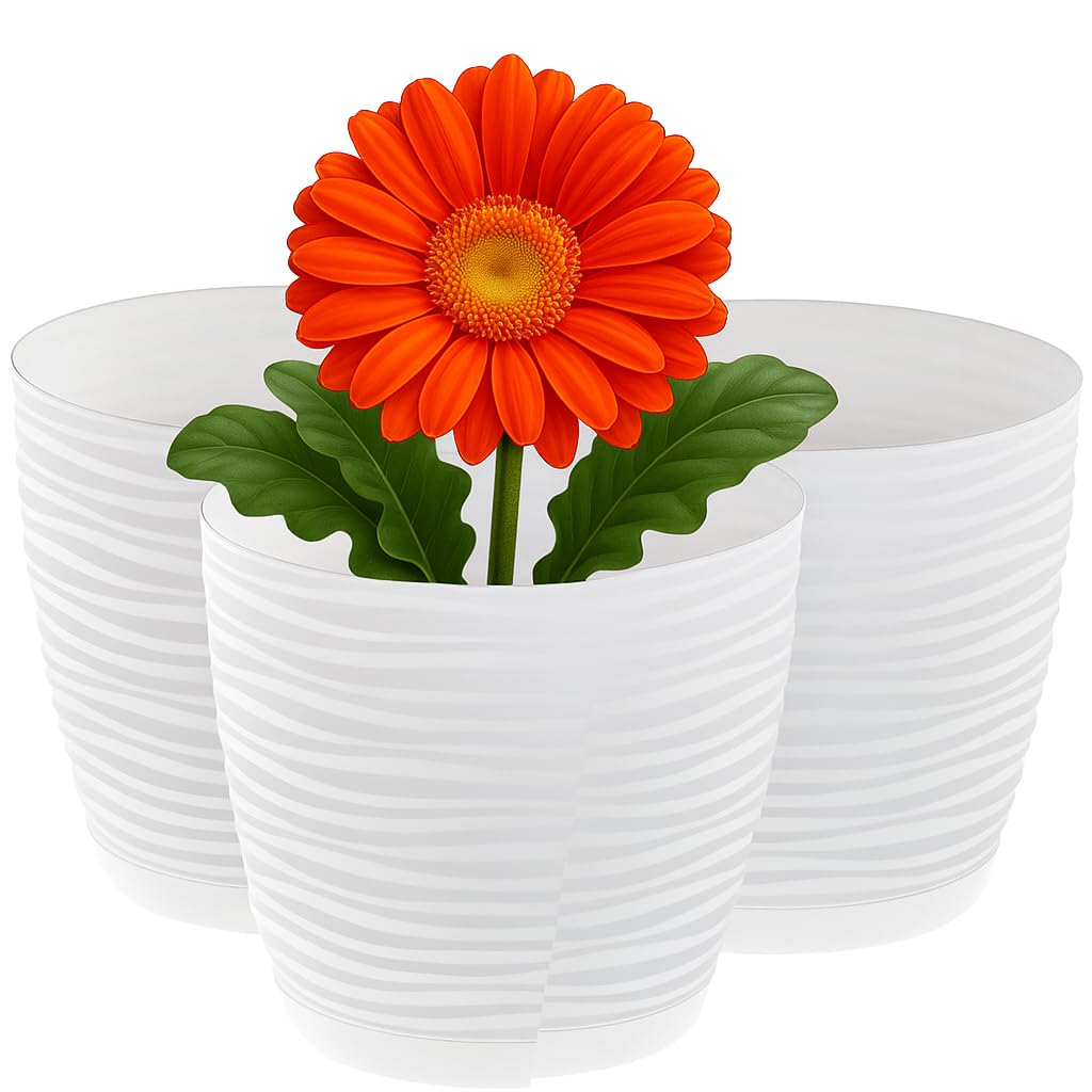 Home Garden Ornaments Wave Plant Pots Indoor, Set of 3 Indoor Plant Pot with 3D Effect, Drainage Holes, and Integrated Saucer, Plastic Flower Pots (Diameter: 11cm, Colour: White)
