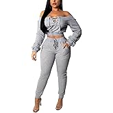 acelyn Sexy 2 Piece Outfits for Women Off Shoulder Lace Up Long Sleeve Crop Top Pants Sets Tracksuit Casual Sweatsuit