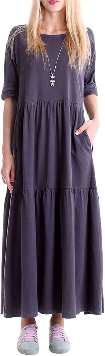 Amazon.com: Kidsform Women Maxi Tiered Round Neck Long Sleeve Loose Long Dress with Pocket 