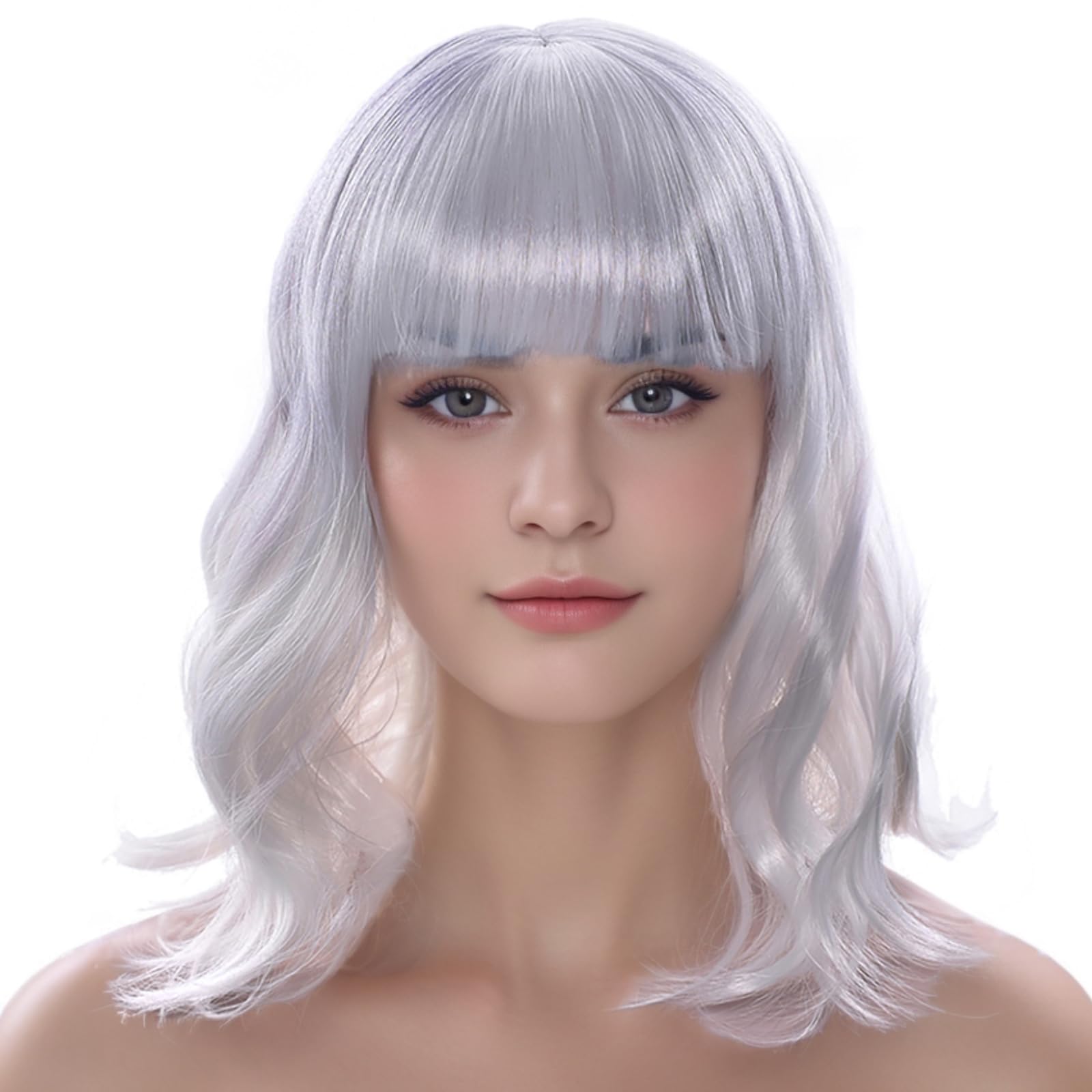 IMISSU Short Curly Hair Bob Wigs Cosplay Wig with Bangs Halloween Costume Party Headwear for Women (White)