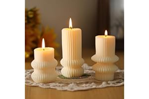 MTLEE 3 Pcs Small Ribbed Pillar Candles Scented Pillar Candle Decorative Candles Soy Wax Aesthetic Candle 4.7, 4.2, 3.2 in Height Modern Geometric Home Decor for Bathroom Living Room(Ivory White)