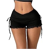 WDIRARA Women's Side Drawstring Ruched Lace Shorts Low Rise Stretchy Going Out Mini Shorts