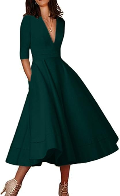 EFOFEI Women's Deep V Neck 3/4 Sleeve Dresses Vintage High Waist Long Swing Dress with Pockets 