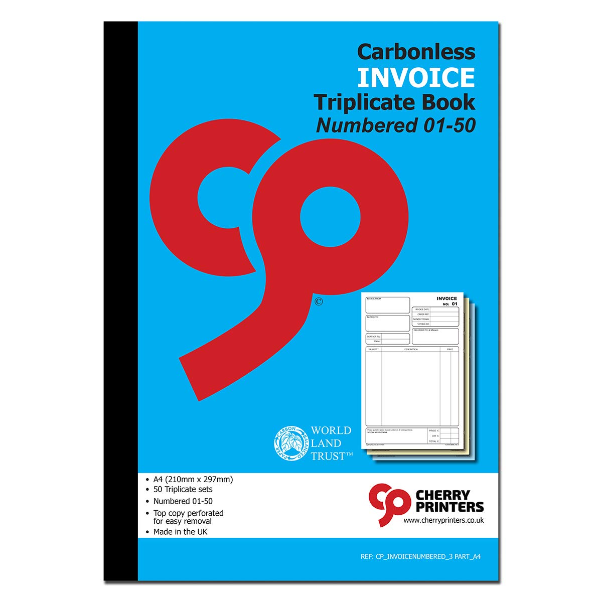 Cherry Carbonless NCR Invoice Book | Triplicate Book | A4 | 50 Sets | Numbered 01-50 | Perfect for The self-Employed, Small and Larger Businesses |