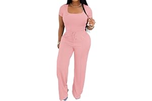 PINSV Women's 2 Piece Outfits Lounge Short Sleeve Tops High Waisted Wide Leg Pants Tracksuit Sets