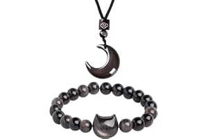 LIAGZA Black Obsidian Cat Bracelet and Moon Necklace Set-Cat Lover Gifts,Cat Head Bead Bracelet , Cat Paw Beaded Bracelets,Wealth Attraction Bracelet, Good Luck Bracelet,Emotional Regulation Bracelets,Obsidian Necklace- Cute Gifts for Women