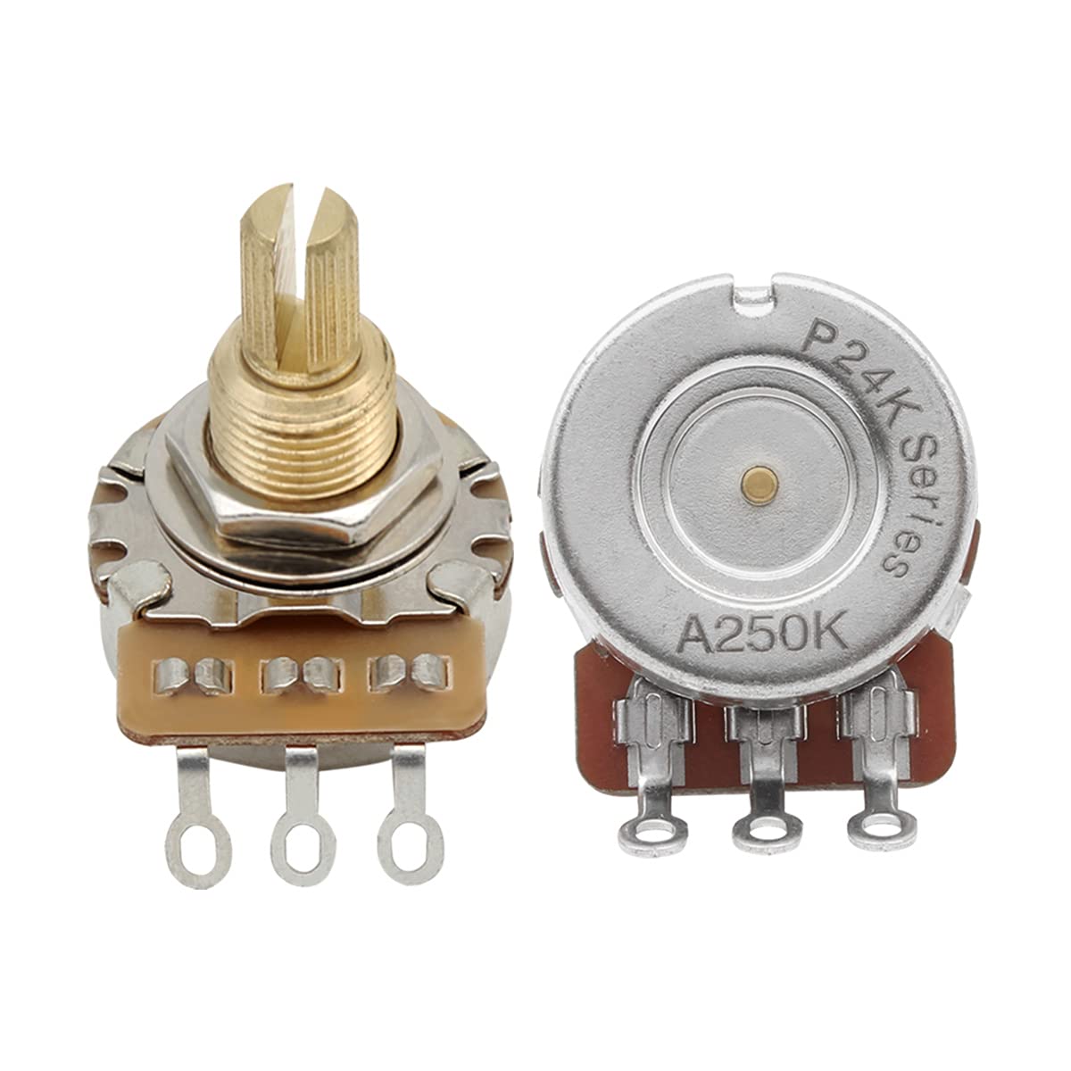 FLEOR Long Brass Shaft Control Pots A250K Audio Taper Potentiometers 24 Spline Split Shaft D3/8" for Electric Guitar Control Volume Tone, Pack of 2