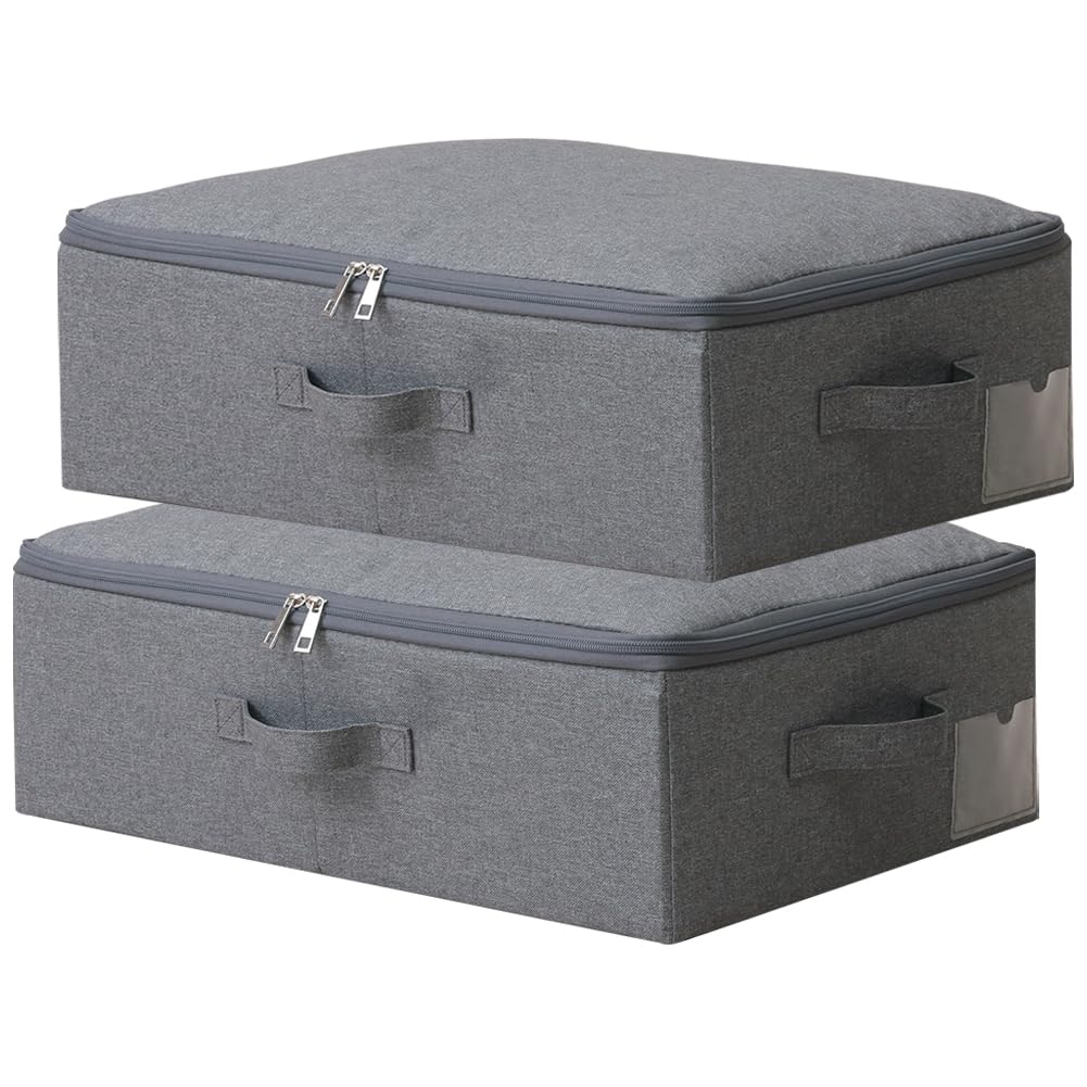 Amonsen Pack of 2, 52X36X16cm, Thin Folding Storage Containers with Soft Zip Lid, Dustproof & Washable Organizer Bins for Variaty Dimensions Shelves, Cabinet, Wardrobe, Black Gray