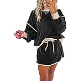 miduo Womens Color Block Casual Long Sleeve Sweatshirt and Drawstring Mini Skirt Matching Sets 2 Piece Skirt Set