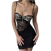 SHENHE Women's Sexy Lace Bustier Dress Low Cut Spaghetti Strap Bodycon Party Night Mini Dress
