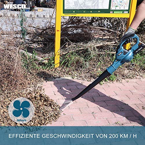 WESCO 18V 2.0Ah Akku Laubbläser, 12500 min-1, 200 km/h Blas-Luftstrom, 1.61kg, mit Akku und Ladgerät, für Garten, Garage und Auto