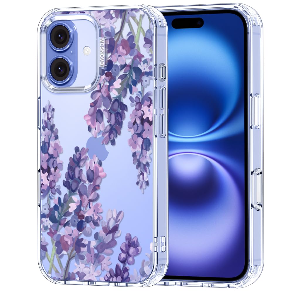 MOSNOVO Case for iPhone 16 Plus, [Buffertech 6.6ft Military-Grade Drop Protection] [Anti Peel Off Tech] Clear TPU Bumper Phone Case Cover Design - Lavender