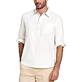 Kallspin Men's Linen Cotton Long Sleeve Shirt Breathable Summer Beach Button Down Shirts with Pocket