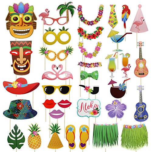 Meetory 36Pcs Hawaiian Photo Booth Props Kit, Colorful Photo Props Sticks, Selfie Props Celebration for Hawaii Seaside, Summer Pool Party, Luau Beach Vacation Dress-up Costume Accessories Decoration - Thumbnail 6