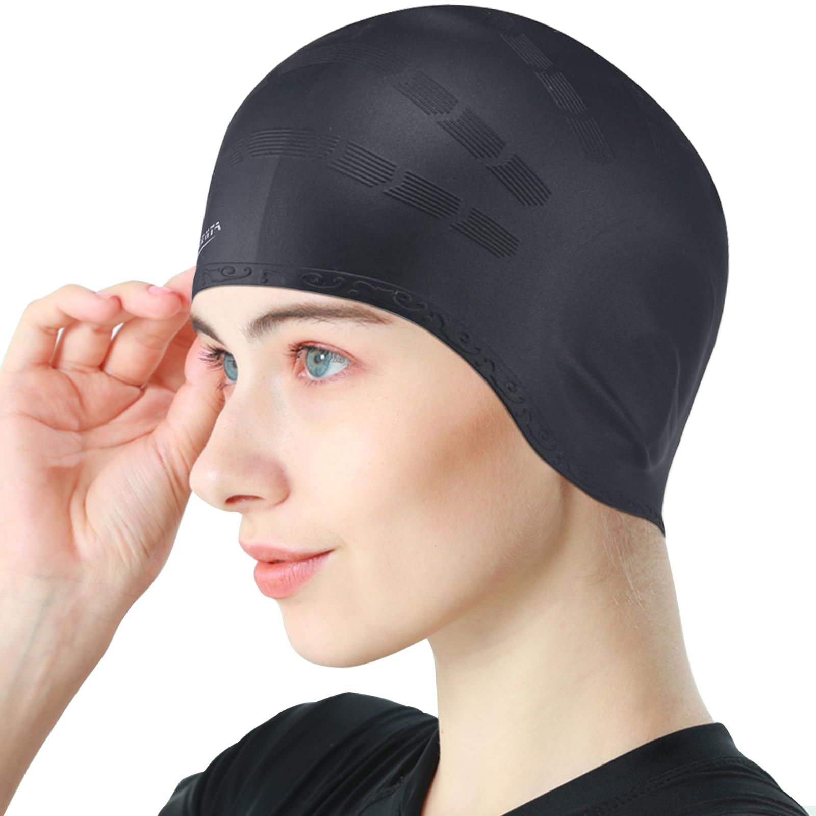 LEDEAK Swimming Cap with 3D Ear Protection, Non-Slip Waterproof Silicone Swim Cap, Swimming Hat for Adult fits Long Short Hair(Black)