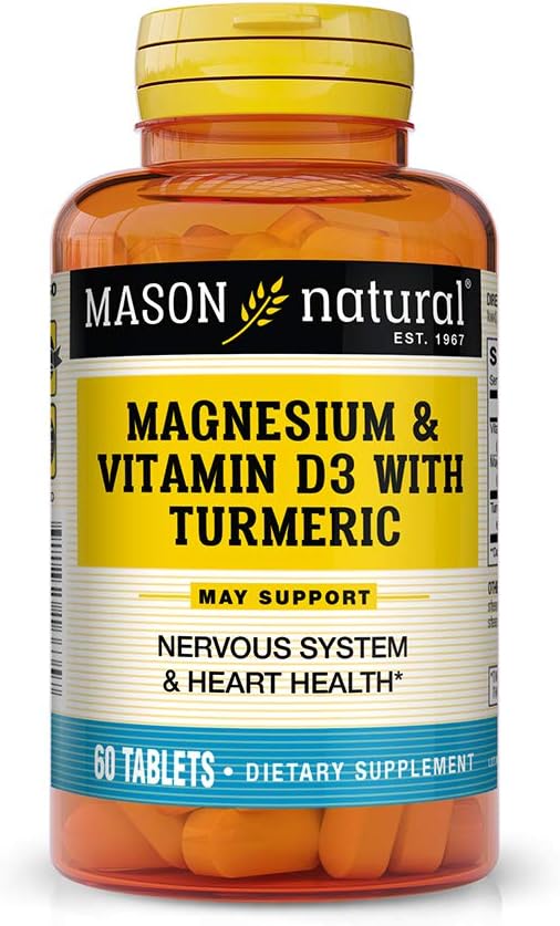 Mason Natural, Magnesium and Vitamin D3 with Turmeric Tablets, 60 Count, Herbal Dietary Supplement with Vitamins, Supports Overall Health and Wellness, Supports Heart and Immune Health: Health & Personal Care