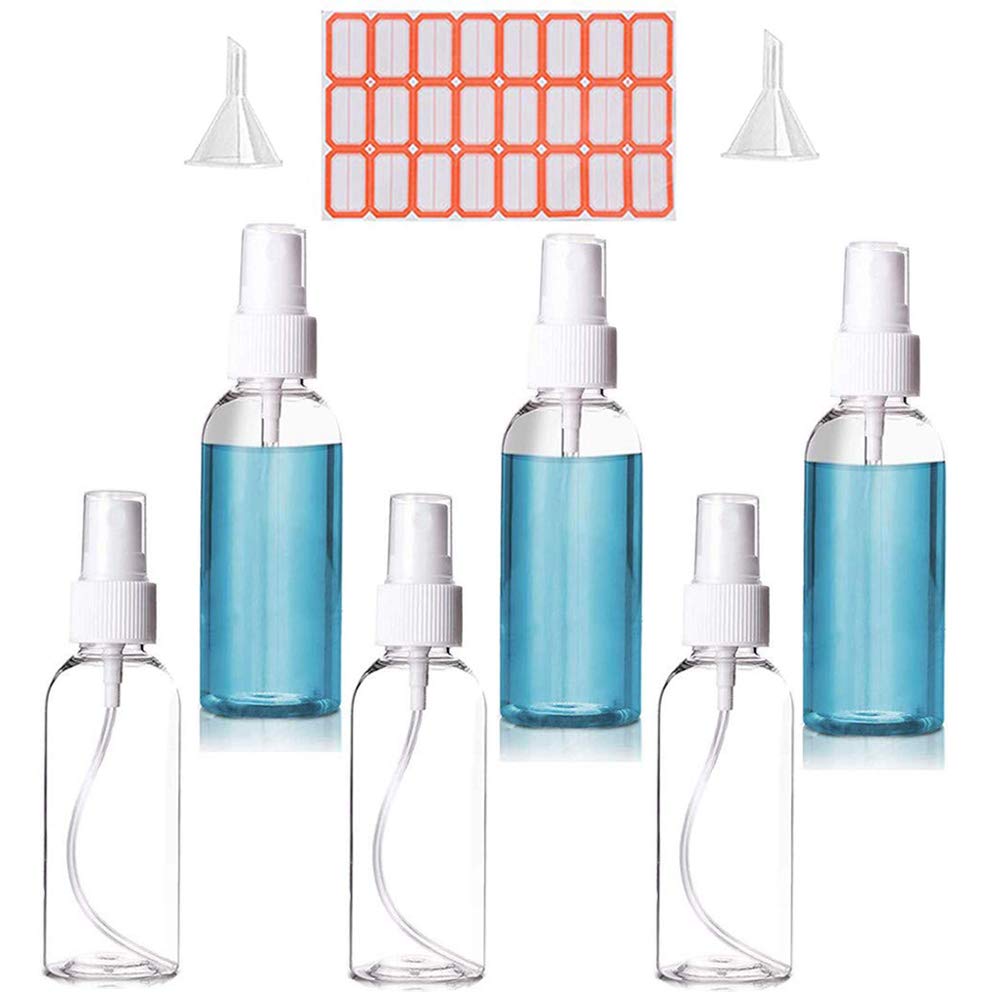 Small Spray Bottle 3.4 oz/100ml Plastic Mini Empty Fine Mist Travel Size Spray Bottles Clear Plastic Small Refillable Liquid Containers with 2pcs Funnels and 24pcs Labels (6 Pack)