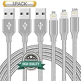 Youer Lightning Cable 3Pack 3FT 6FT 10FT Nylon Braided Certified iPhone Cable USB Cord Charging Charger for Apple iPhone 8, X, 7, 7 Plus, 6, 6s, 6+, 5, 5c, 5s, SE, iPad, iPod Nano, iPod Touch Grey