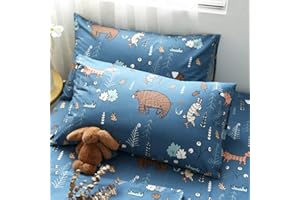 Wellboo Bear Pillowcases Queen Size Cute Animal Pillow Shams for Kids Chidren Navy Blue Cartoon Pillow Case Boys Girls Fox Rabbit Pillow Covers Forest Plants Pillow Cases Soft Health Envelope Closure