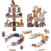 Large Wooden Lacing Toy Stacking Toys, Animals Stacking Blocks Balance Game, Threading Toys for Toddlers 3 4 5 Years Old, Edu
