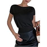 GORGLITTER Women's Short Sleeve Cinched Waist Sweater Dressy Business Casual Pullover Tops Comfiest Airport Outfits Black Large