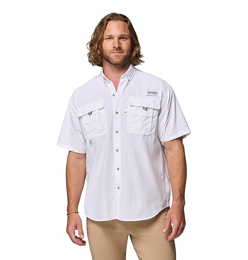 Columbia Mens PFG Bahama II Short Sleeve Fishing Shirt, White, Small