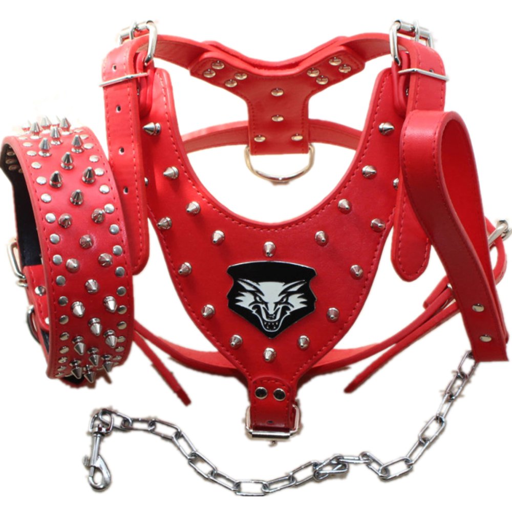 haoyueer Medium & Large Breed Leather Spiked Studded Dog Harness,Collar & Leashes 3Pcs Set for Medium & Large Dog Pit Bull,Mastiff, Boxer, Bull Terrier (L, Red)