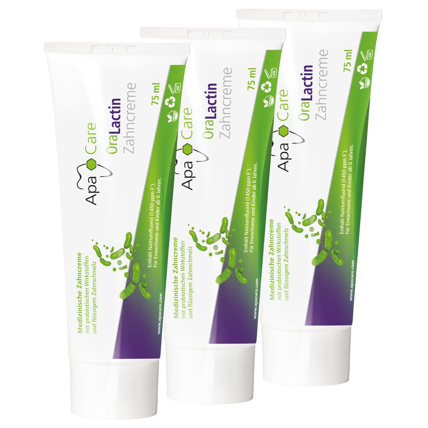 ApaCare OraLactin Zahncreme, 3×75 ml Zahnpasta mit Hydroxylapatit (flüssiger Zahnschmelz), Fluorid & probiotischen Inhaltsstoffen, für Remineralisierung, Pflege empfindlicher Zähne, ohne Titandioxid