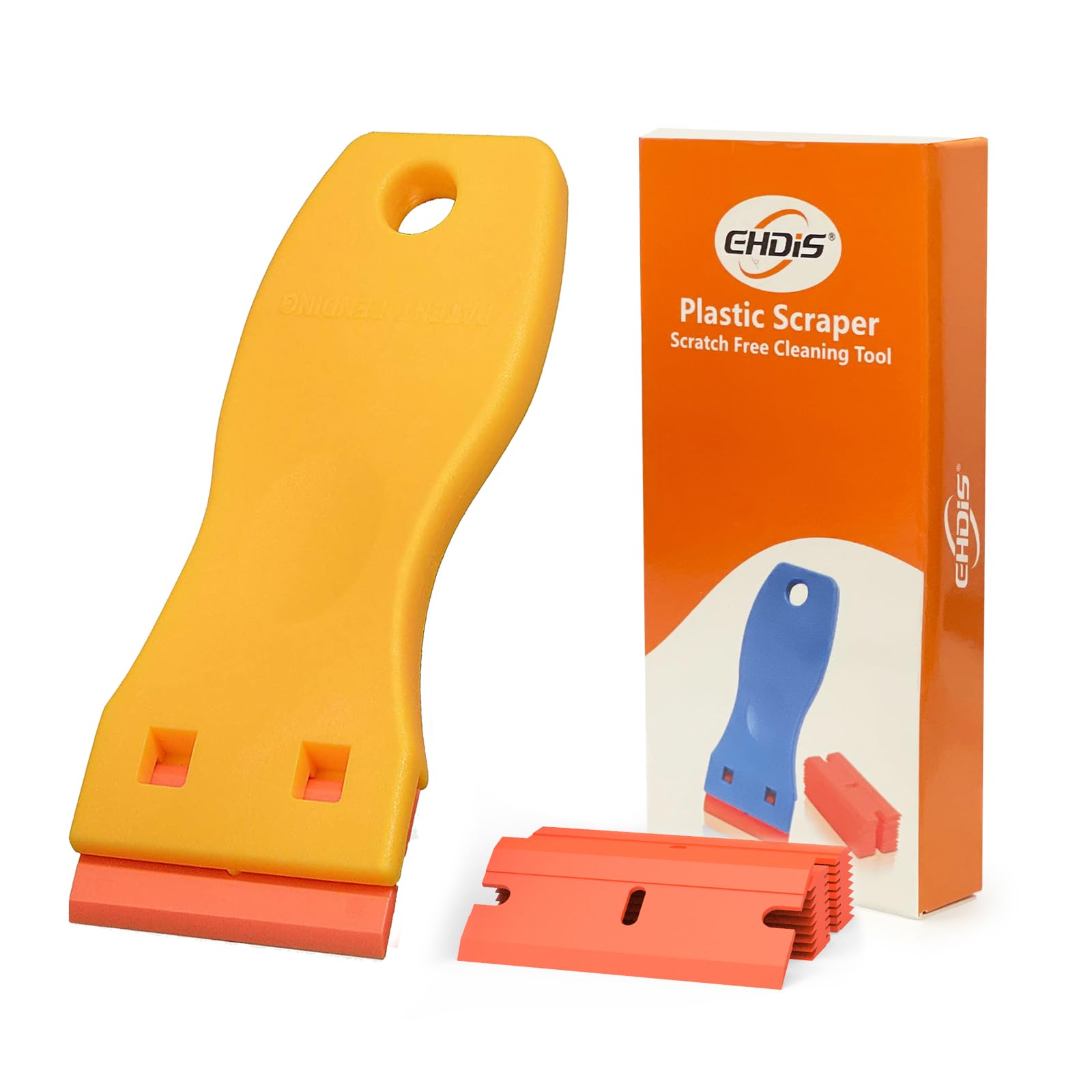 Ehdis Plastic Scraper with 10 Plastic Razor Blade, Adhesive Remover, Sticky Remover for Removing Label, Glue, in The Glass, Window, 1.5 inch, Yellow