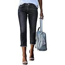 Sidefeel Women's Capri Jeans High Waisted Raw Hem Stretchy