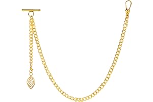ZTA Men's Albert Chain Pocket Watch Curb Link Key Chain 2 Hooks with Antique Skeleton Leaf Pendant Design Charm Fob T Bar