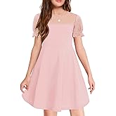 Haloumoning Girls Contrast Mesh Puff Short Sleeve Dress Kids High Waist A Line Casual Dresses with Pockets 4-14 Years