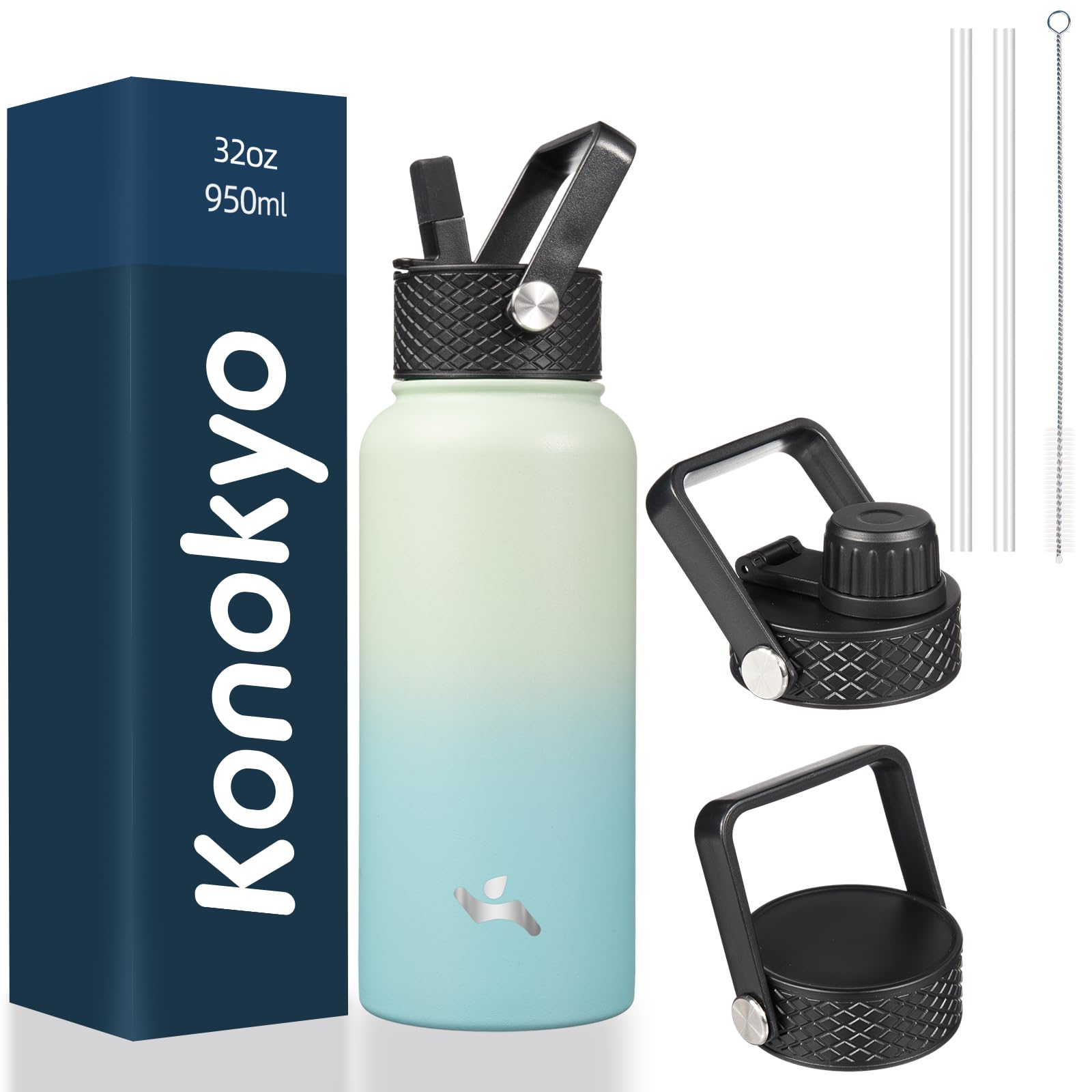 Photo 1 of Konokyo 32 oz Insulated Water Bottle Stainless Steel Sport Bottles with 3 Lids,Mint