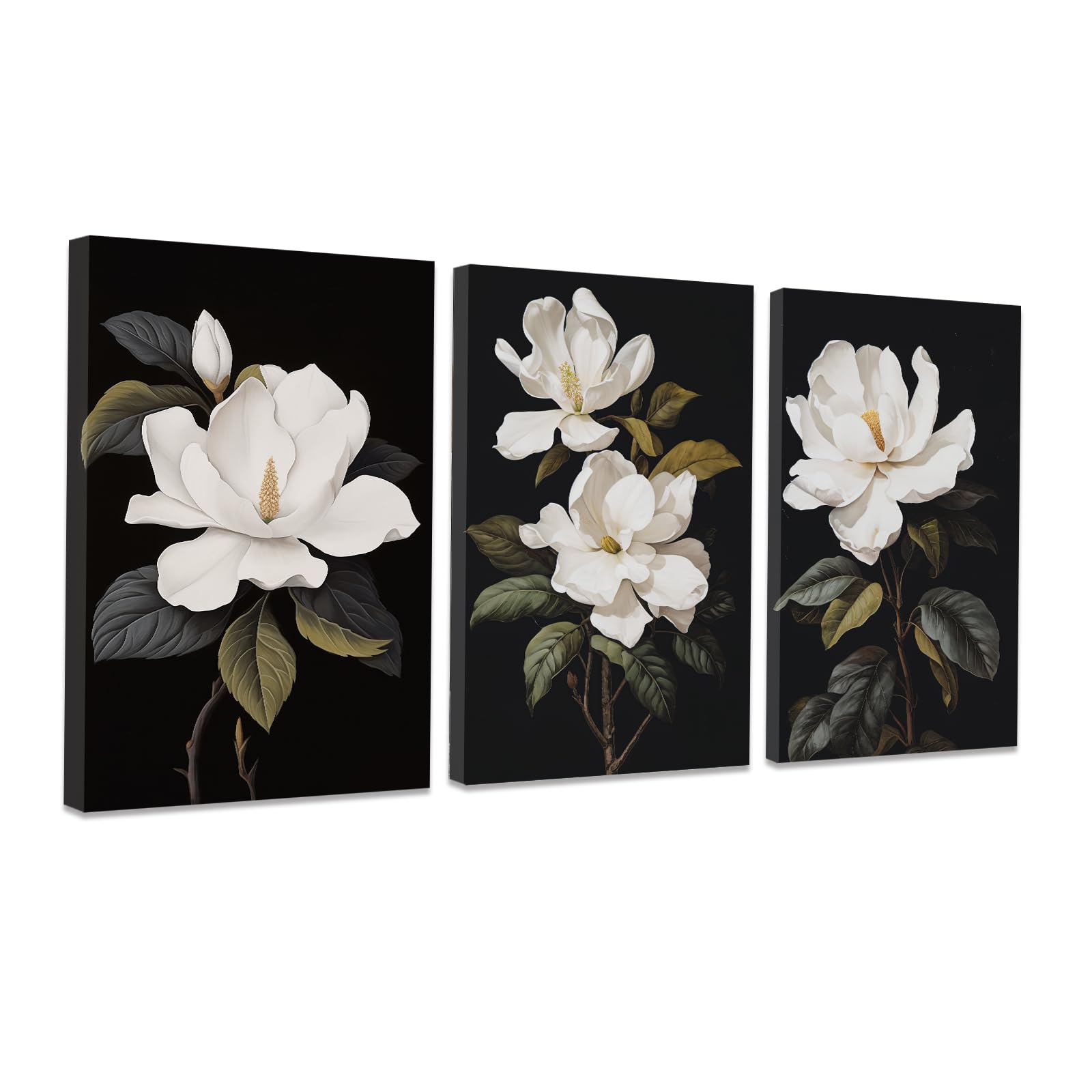 CCWACPP 3 Piece Floral Canvas Wall Art Magnolia Flowers Pictures Black and White Flowers Painting Prints Modern Bedroom Living Room Home Decor Framed (A, (30x40cmx3))