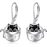 SHEAISRS Black Cat/Butterfly/Drogon/Panda/Sloth Earrings for Women 925 Sterling Silver Dangle Leverback Earrings Cute Animal Jewelry for Women