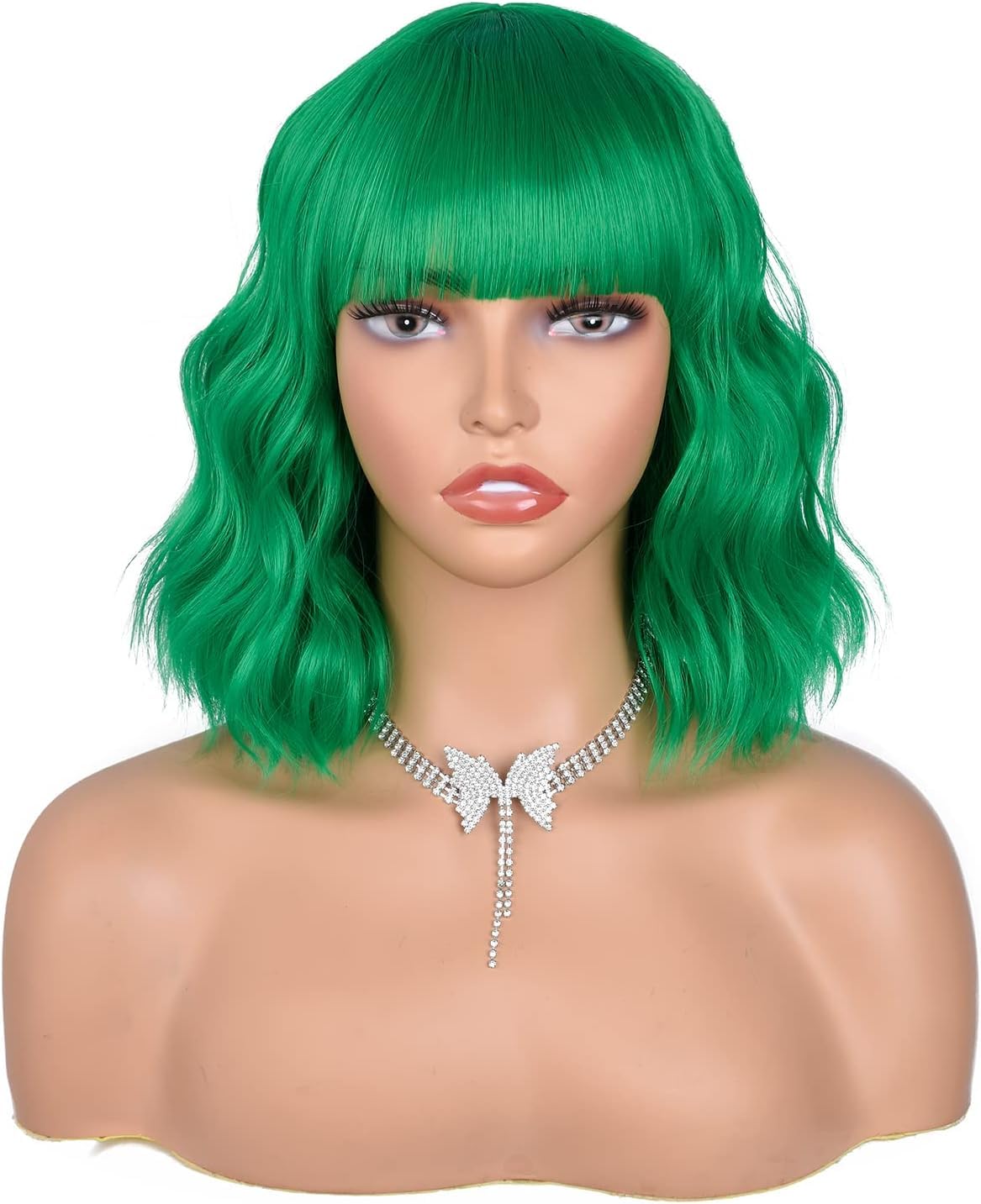 CoCrowns Short Wavy Wig with Air Bangs Shoulder Length Women's Short Bob Curly Wavy Black Synthetic Wig Soft Hair (Dark Green)